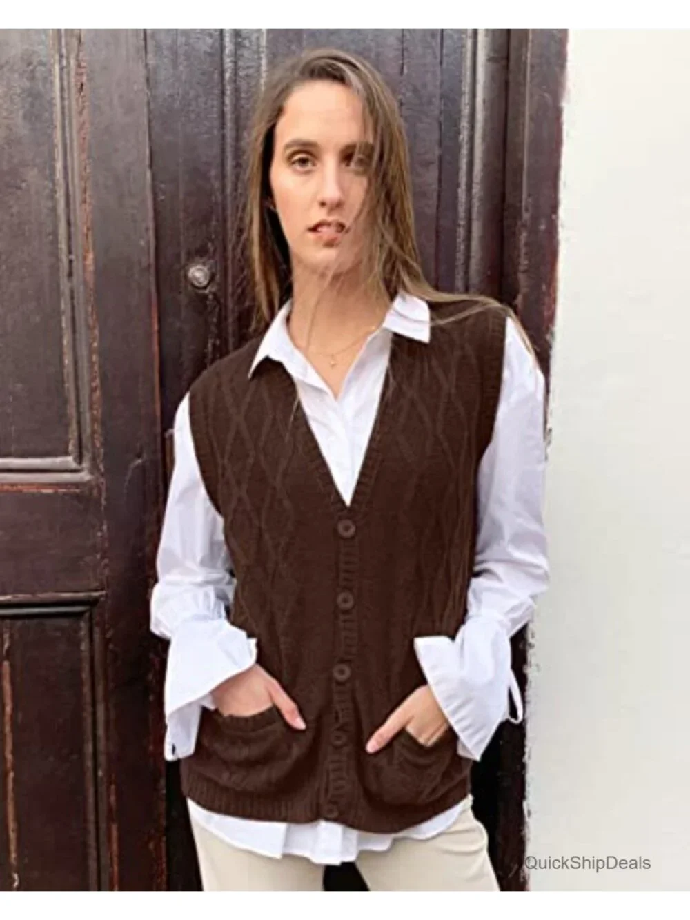Alpaca Wool V-Neck Argyle Cardigan Sweater Vest Sleeveless
